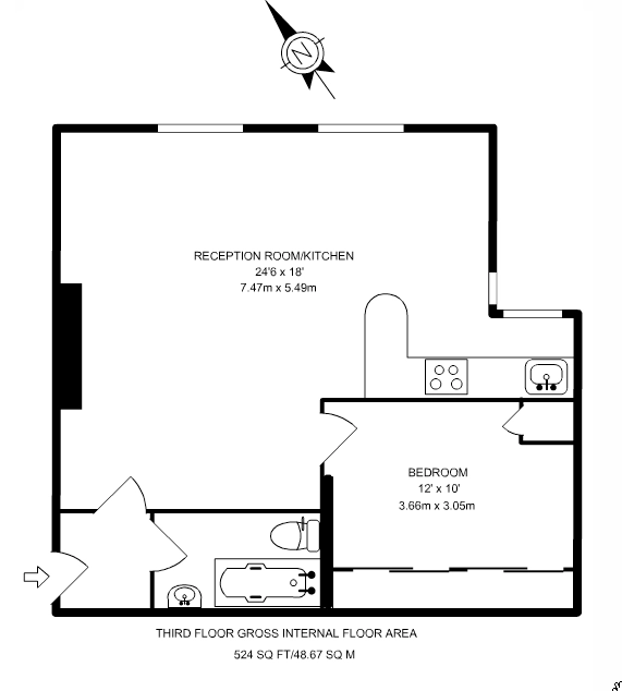 Floor plan of the third-floor 1-bedroom flat at Abbey Road — open-plan reception room and kitchen 24'6 × 18' (7.47 × 5.49 m), bedroom 12' × 10' (3.66 × 3.05 m), bathroom with mini-shower over bath. Gross internal area 524 sq ft / 48.67 sq m.